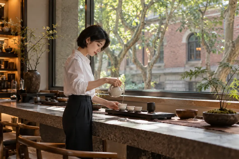 都市梧桐街区茶室中，年轻女性在木桌旁倒茶，白瓷茶具与窗外绿意相映
